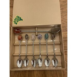 DEMITASSE Spoon‎ Set Natural Gem Stone Twisted BRAZIL With Love Coffee Bar NIB